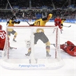 GANGNEUNG, SOUTH KOREA - FEBRUARY 25: Germany's Patrick Hager #50 celebrates after a second period goal by Felix Schutz #55 (not shown) against Vasili Koshechkin #83 of the Olympic Athletes from Russia during gold medal game action at the PyeongChang 2018 Olympic Winter Games. (Photo by Andre Ringuette/HHOF-IIHF Images)

